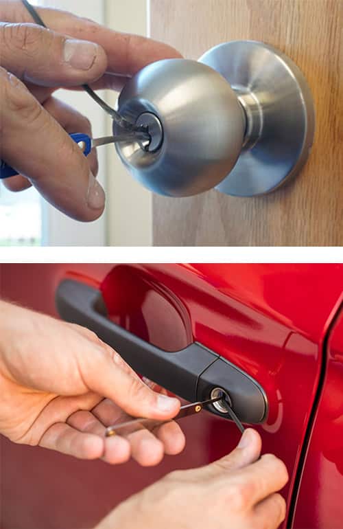 locksmith picking a residential door lock (top) and a car door lock (bottom)